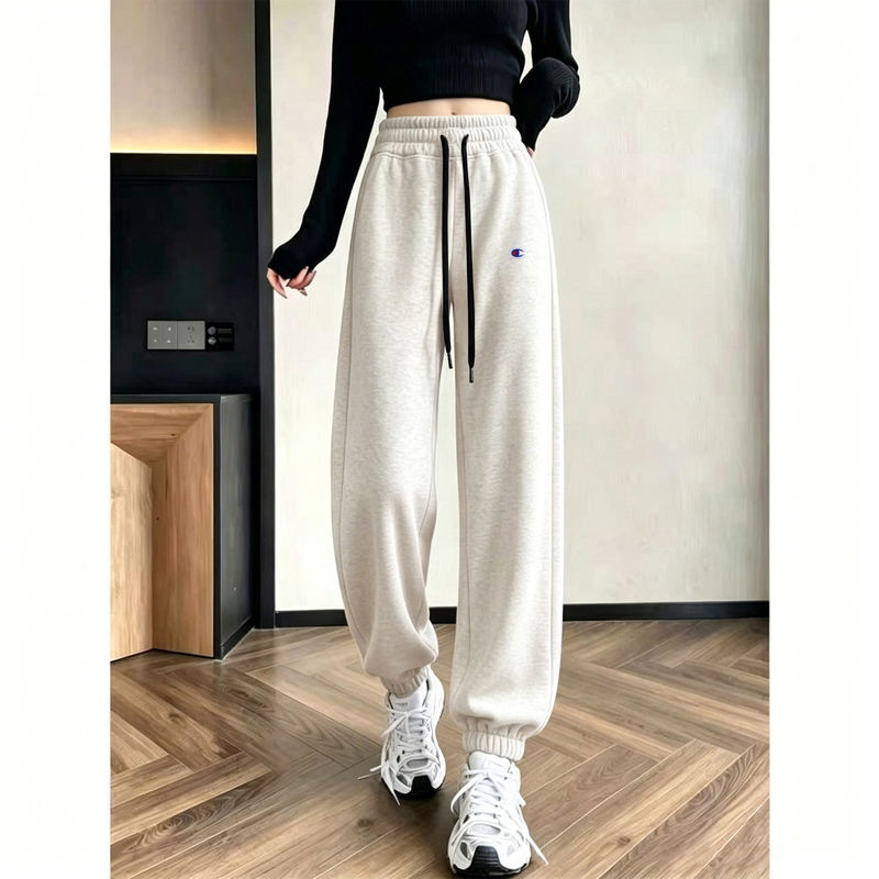Japanese Champion Brand Gray Sweatpants for Women, Autumn Wide-Leg Pants, Slimming Joggers, 2026 Autumn and Winter New Fleece-Lined Pants