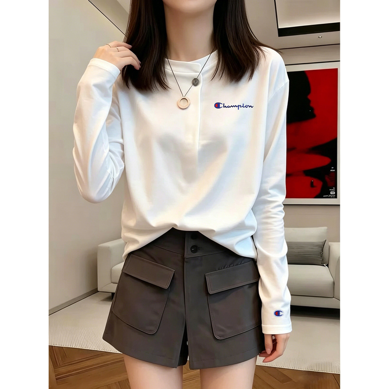 Japanese Style Champion White Long-Sleeve T-Shirt for Women, Autumn and Winter, Regular Shoulder, Loose Fit, Slimming, 2026 New Style, Outerwear, Base Layer Top, Trendy
