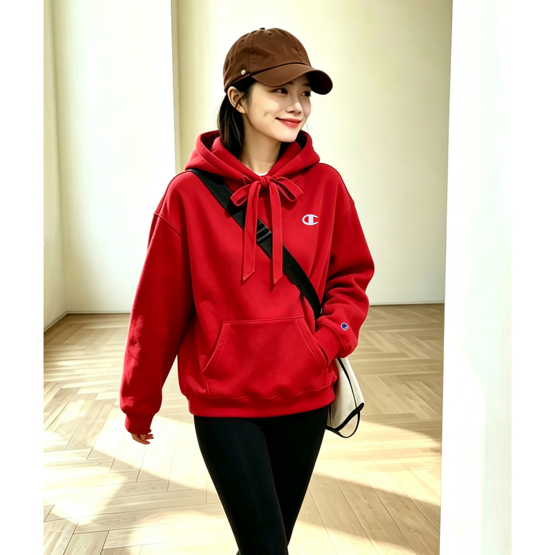 Japanese Champion Red Sweatshirt for Women, Autumn Hooded Jacket, 2026 Autumn and Winter New Style, Fleece-Lined, Lazy Style, Short Top Japanese Champion Red Sweatshirt for Women, Autumn Hooded Jacket, 2026 Autumn and Winter New Style, Fleece-Lined, Lazy Style, Short Top