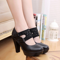 Spring and Autumn new leather womens shoes waterproof platform platform platform performance shoes work shoes round head thick heel single shoes model shoes leather shoes