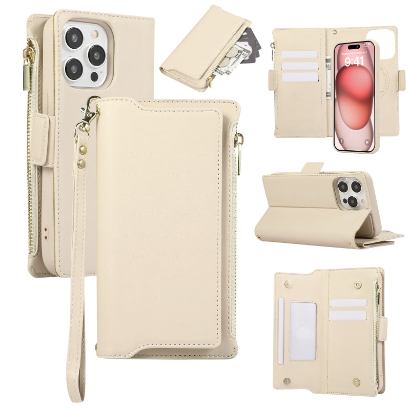 Wireless Charging Zipper Case Suitable for iPhone 17 Air/16 Pro Max/14/13, Can Be Worn Crossbody, Magnetic Suction, Two-In-One, High-End Leather, Apple 15 Plus Coin Purse, 11 Card Slot, Anti-Drop, 12 Leather Case