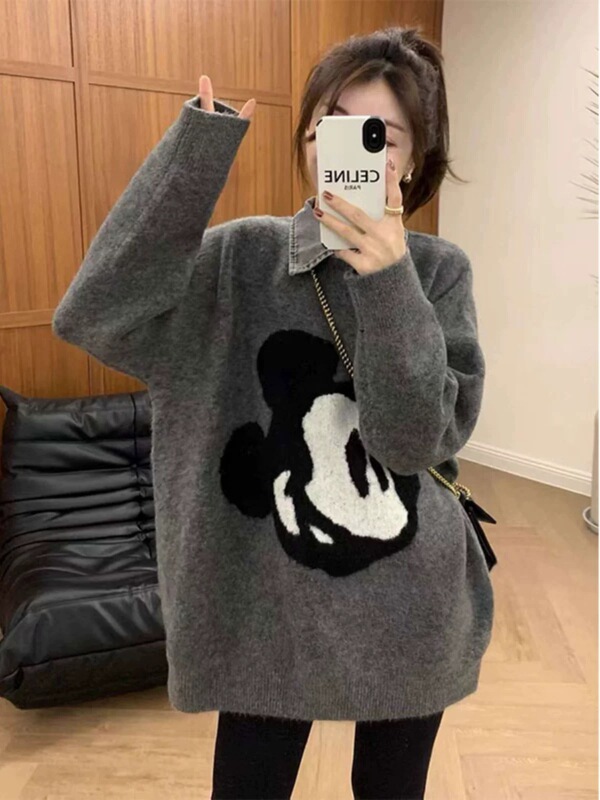 European-Style Gray Mickey Embroidered Faux Two-Piece Sweater for Women, Spring, Autumn, and Winter, Lazy Style, Loose Pullover Knit Top, Thick