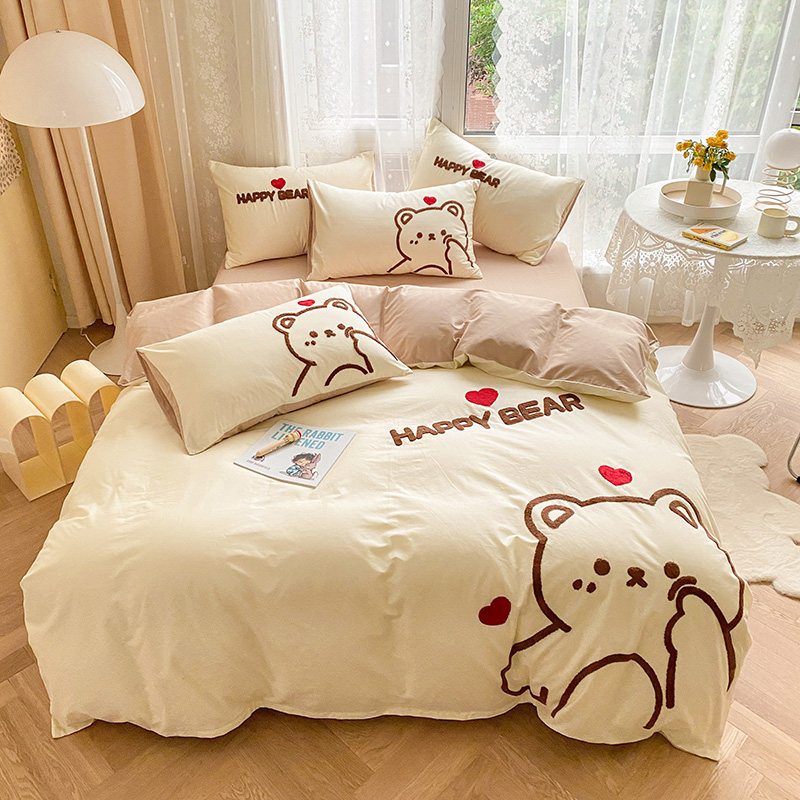 Cartoon Pure Cotton Bed Bedding Four Pieces of 100 All cotton linen bed Ogasawara student Three sets of cute little Bear quilt cover 4