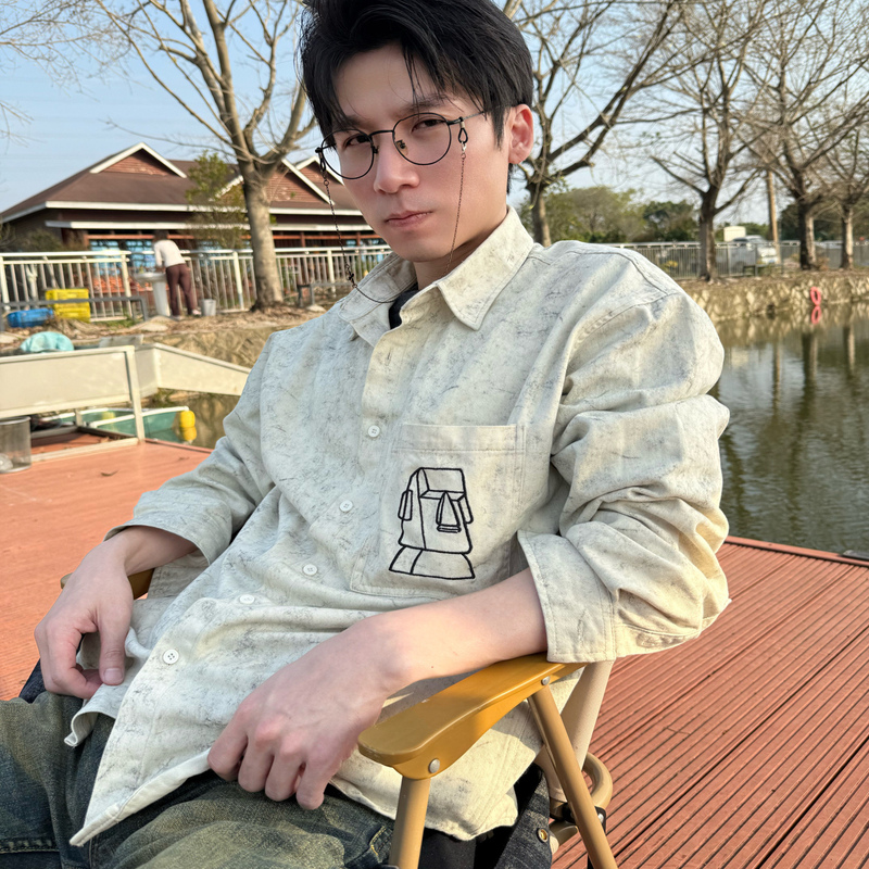 [in Stock] Teacher Shen's Same Style Tie-Dye Embroidered Stone Statue Shirt, Pure Cotton, Casual and Loose-Fitting
