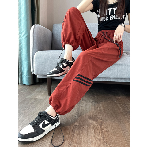 Red Ice Silk Jogger Pants for Women, Spring, Autumn, and Summer Styles, Petite Size, Cuffed, Harem Style, Loose, American Style, Wide-Leg, Quick-Drying Cargo Pants
