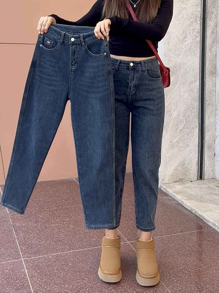 Big Code Fall New Hallen Jeans Women's Slim Fat Mm Pear-shaped Stature High Waist Elastic Straight Cylinder Old Daddy Pants-Taobao