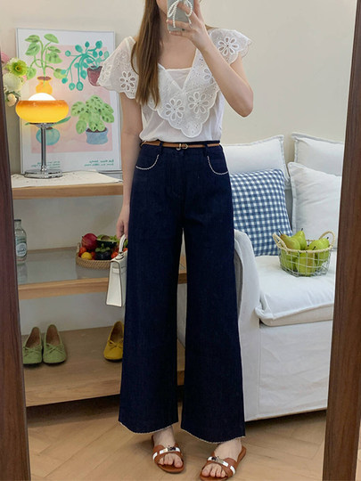 不掉色秋季新款直筒牛仔裤女大码胖mm显瘦梨型身材深蓝色阔腿裤子