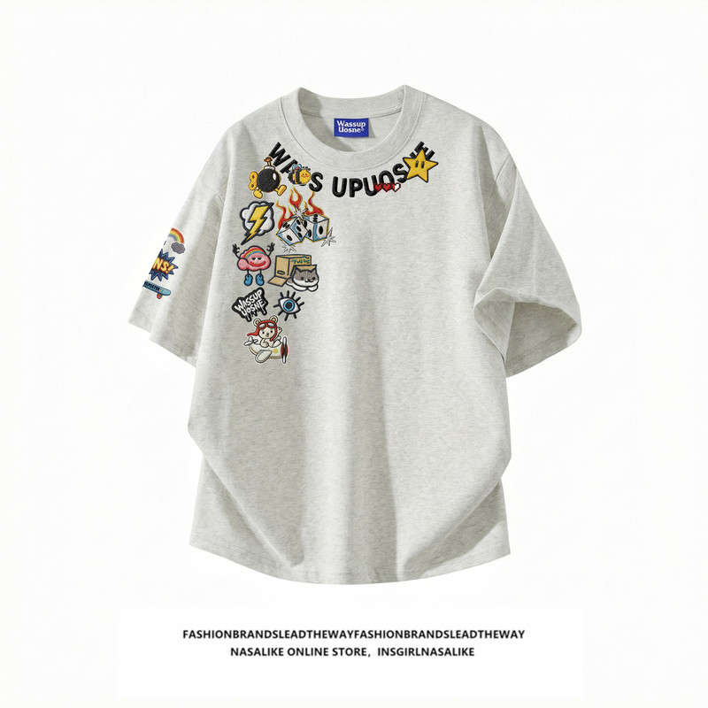 Embroidered Cartoon Pattern ~ Pure Cotton American-Style Short-Sleeved T-Shirt for Men and Women 2026 New Spring and Summer Youth Half-Sleeved Top Embroidered Cartoon Pattern ~ Pure Cotton American-Style Short-Sleeved T-Shirt for Men and Women 2026 New Spring and Summer Youth Half-Sleeved Top