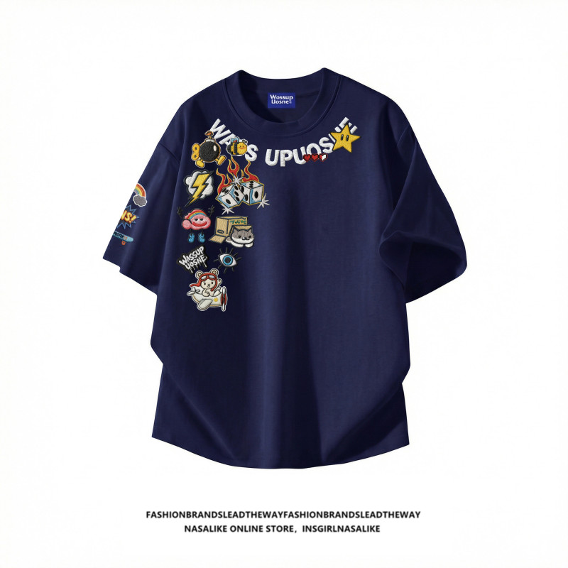 Thousand-Needle Embroidery Pattern ~ Pure Cotton American-Style Short-Sleeved T-Shirt for Men and Women 2026 New Spring and Summer Couple Wear Half-Sleeved Top
