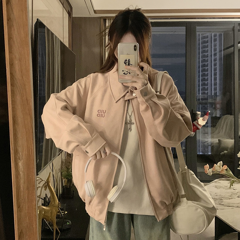 Pink Suede Baseball Jacket for Women, Spring and Autumn 2026 New Korean Style Chic Letter Embroidery Lapel Jacket