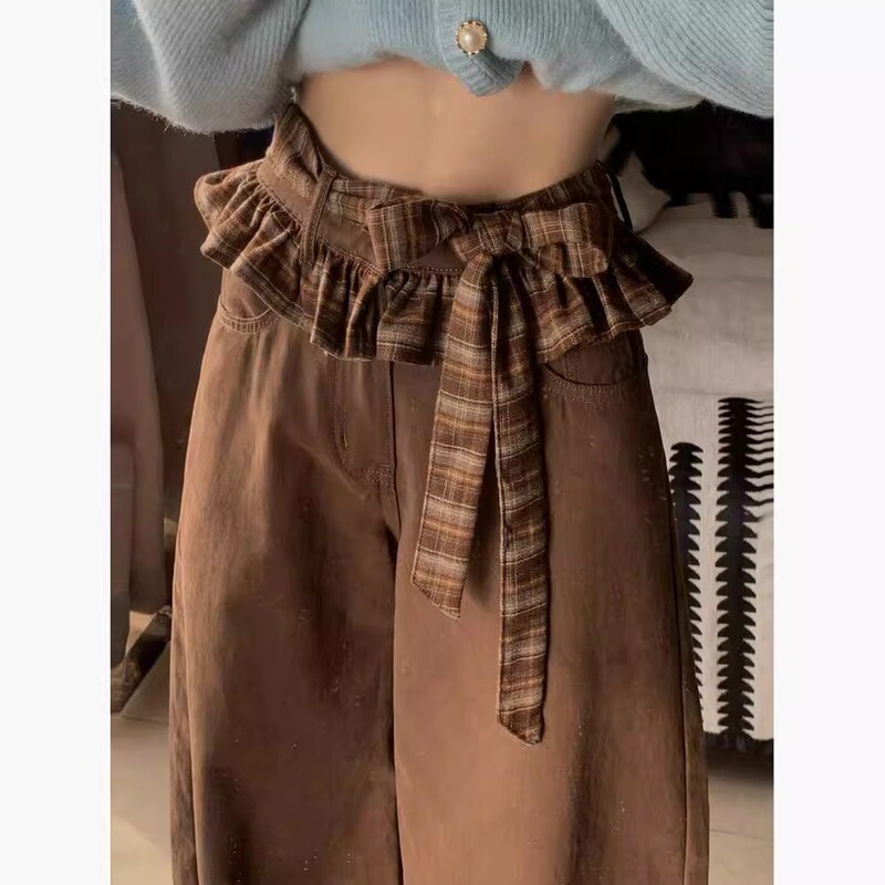 Melard Brown Double-Waistband Butterfly Tie Jeans for Women, Spring and Autumn Design, Straight-Leg Loose Wide-Leg Pants