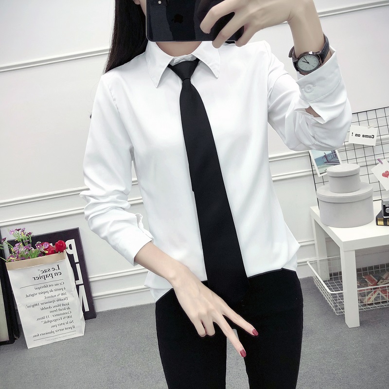 Cà vạt nữ mùa thu đông 2018 mới Han Fan Slim mỏng học sinh cộng với áo nhung dày màu trắng chuyên nghiệp áo sơ mi dáng dài