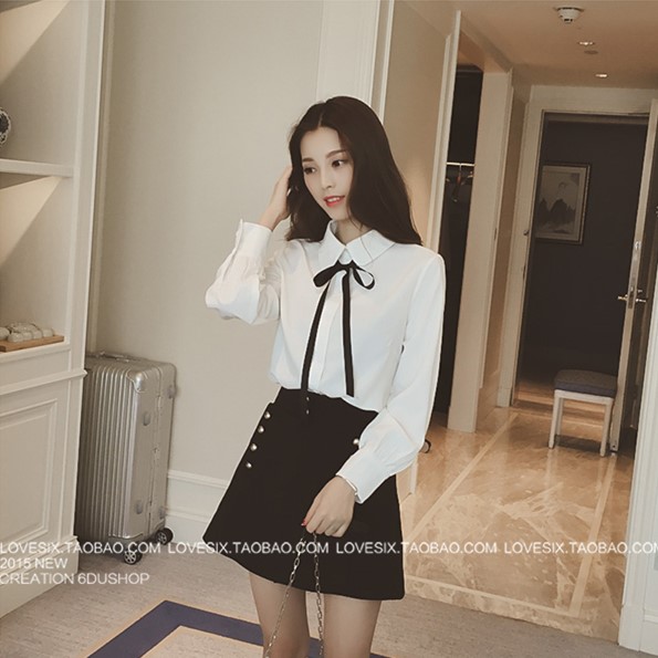 Xuân 2018 mới to size mới Hàn Quốc áo sơ mi nhỏ nơ mới sinh viên áo sơ mi hoang dã chuyên nghiệp top áo sơ mi pierre cardin