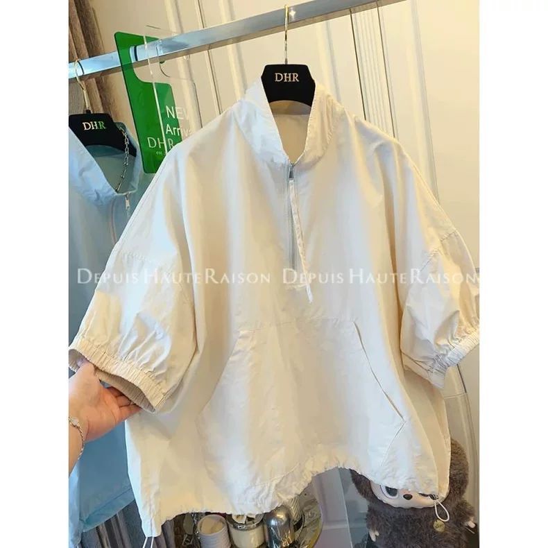 Extra Large Size 150kg Korean Style Simple Sports Casual Short-Sleeved Shirt for Women Plus Size Loose Versatile Half-Zip Top