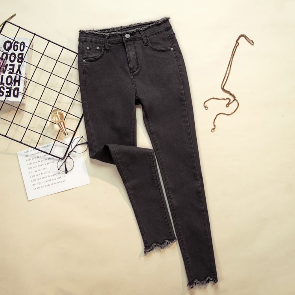 Quần nữ mùa thu 2018 mới quần jeans đen phiên bản Hàn Quốc eo cao đã mỏng 9 điểm chân và quần legging nhung mặc quần baggy nữ