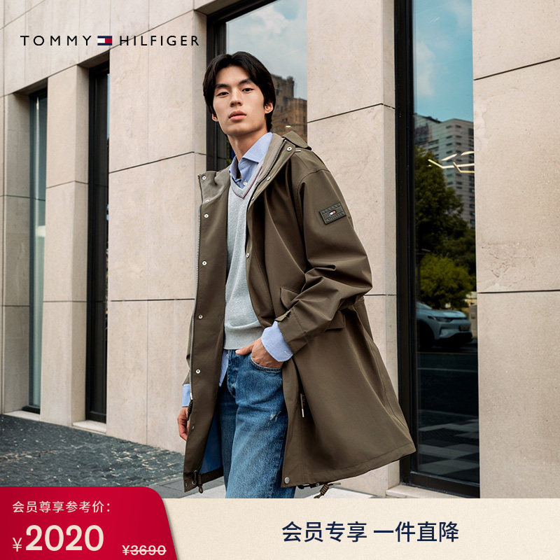 [Outdoor Waterproof] Tommy Spring and Summer Men's Trendy Casual Mid-Length Hooded Windbreaker Parka Jacket