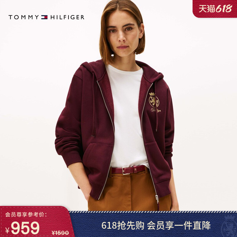 Tommy Autumn and Winter Women's Pure Cotton American Retro Casual Sports Style Badge Embroidered Hooded Sweatshirt Cardigan Jacket Tommy Autumn and Winter Women's Pure Cotton American Retro Casual Sports Style Badge Embroidered Hooded Sweatshirt Cardigan Jacket
