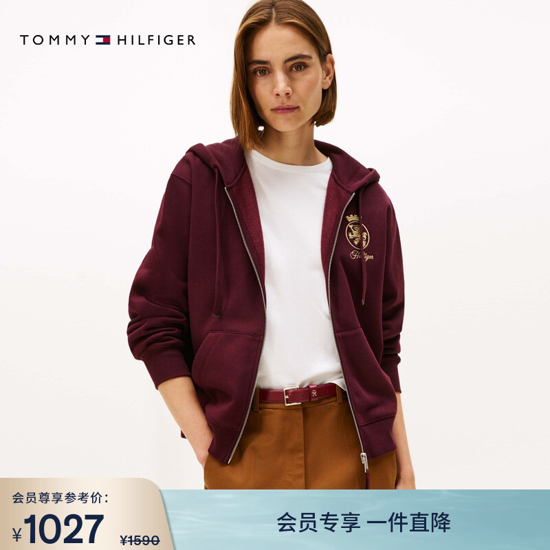 Tommy Autumn and Winter Women's Pure Cotton American Retro Casual Sports Style Badge Embroidered Hooded Sweatshirt Cardigan Jacket