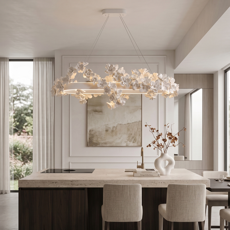 Lanbai French-Style Chandelier with Floral Design, Long Chandelier for Dining Room Island, Creative Designer, Elegant Hotel Front Desk Lamp