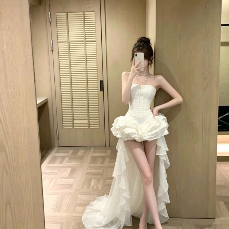 French-Style Strapless Dress for Women, High-End Elegant Gown for Socialites, Satin Flower-Bud Train Long Dress, Birthday Dress French-Style Strapless Dress for Women, High-End Elegant Gown for Socialites, Satin Flower-Bud Train Long Dress, Birthday Dress