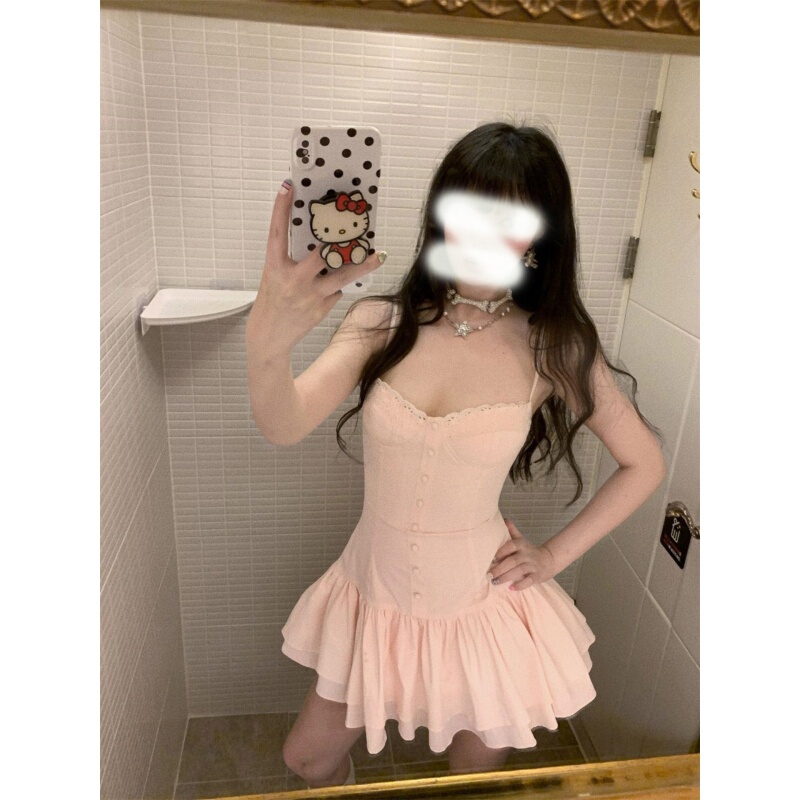 French-Style Sweet and Gentle Pink Suspender Dress, New Summer Style, Age-Reducing, Waist-Slimming, Slimming, Puffy Skirt for Women