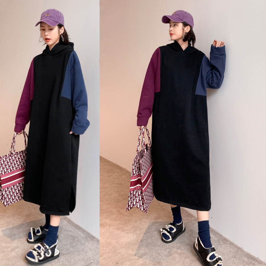 Spring Korean version collage with cap gestation Women's clothing lengthened with open fork grip Suede Spring Blouse Spring Blouse
