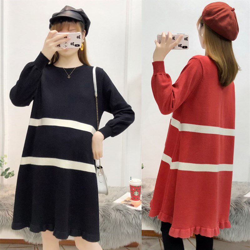 2020 Autumn/Winter Gestation Women's Dress Striped Collage Large Size Sweater Fur Coat Mid-Pregnancy Foreign Pie 100 Pleats Fat Mm Ocean Dress Tide