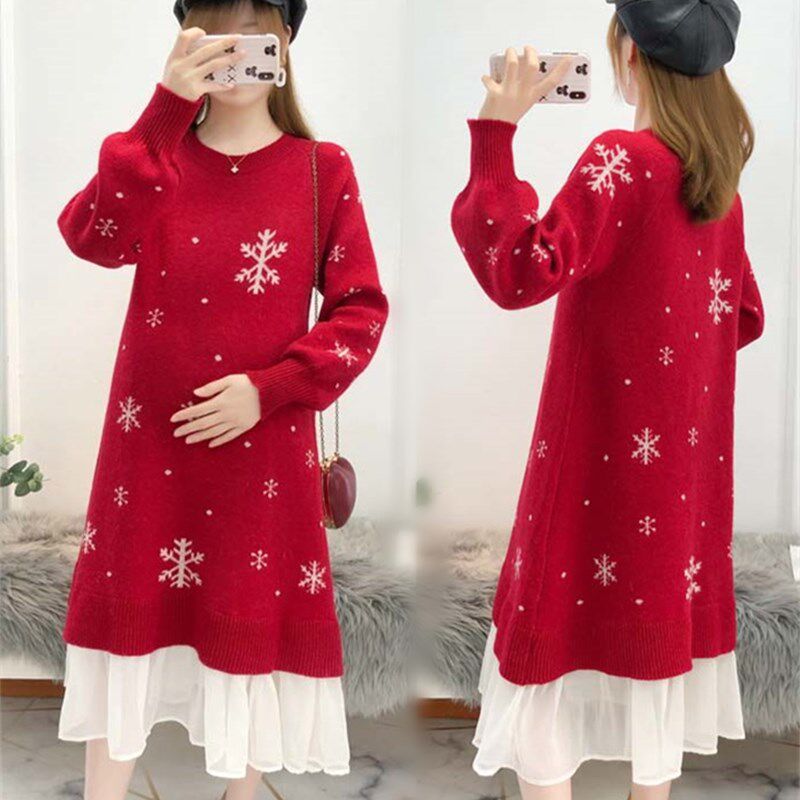 Maternity wear autumn and winter chiffon stitching sweater Korean version over the knee large size knitted bottoming shirt fat mm loose dress trend