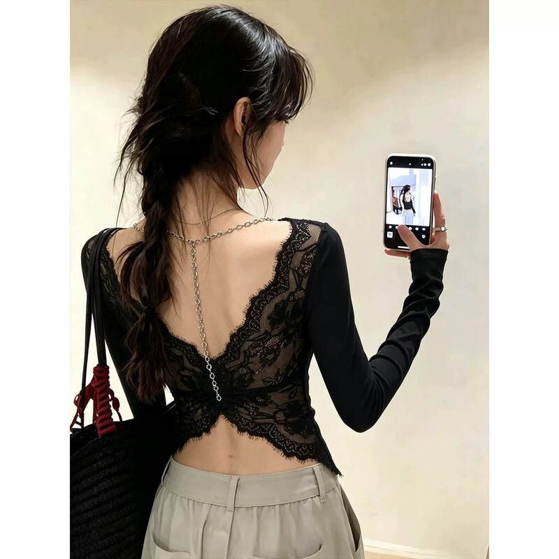 Sexy Lace Backless Hollow-Out Long-Sleeve T-Shirt for Women 2026 New Autumn Design Black Backless Top Sexy Lace Backless Hollow-Out Long-Sleeve T-Shirt for Women 2026 New Autumn Design Black Backless Top
