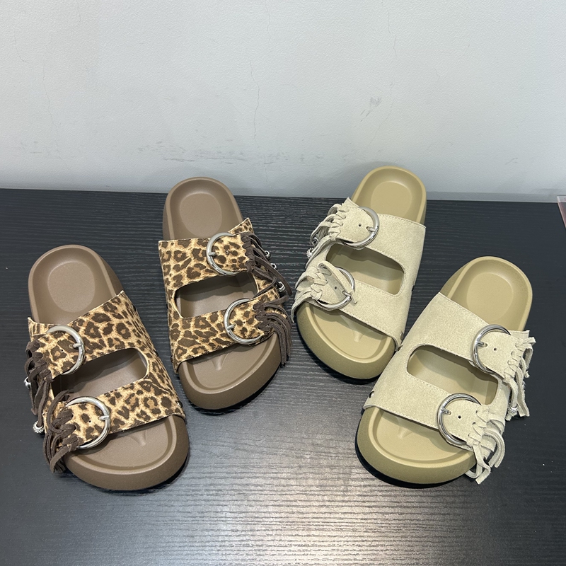 European Station 2026 Summer New Style Round-Toe Thick-Soled Height-Increasing Leopard Print Tassel Outdoor Beach Slippers Versatile Slide Sandals