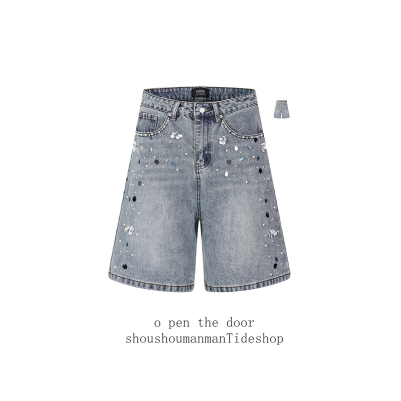 American-Style High-End Pearl and Rhinestone 3D Embroidered Shell Floral Denim Shorts for Men and Women, Vintage Whiskered Couple Mid-Length Shorts American-Style High-End Pearl and Rhinestone 3D Embroidered Shell Floral Denim Shorts for Men and Women, Vintage Whiskered Couple Mid-Length Shorts