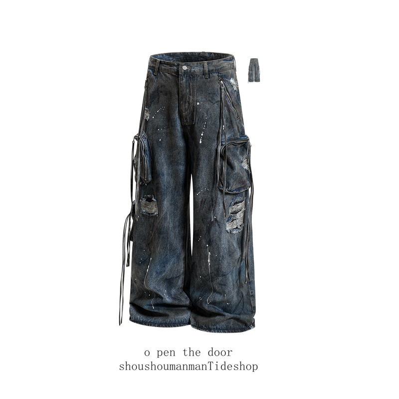 American High Street Style Splatter Graffiti Ripped Jeans for Men and Women, Vintage Workwear Punk Style Loose Wide-Leg Casual Pants