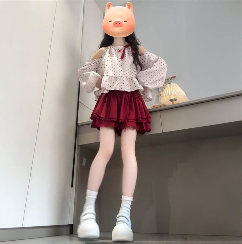 Korean-Style Sweet Temperament Bow-Knot Design Polka-Dot Off-Shoulder Long-Sleeve Shirt + Red Tiered Short Skirt Two-Piece Set Korean-Style Sweet Temperament Bow-Knot Design Polka-Dot Off-Shoulder Long-Sleeve Shirt + Red Tiered Short Skirt Two-Piece Set