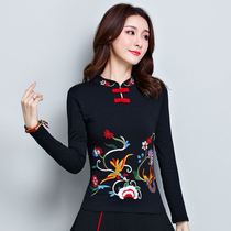  Long-sleeved short-sleeved embroidered flower Tang dress female t-national style womens handmade retro buckle cotton T-shirt small stand-up collar