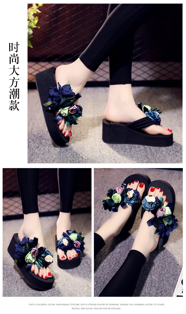 Thời trang hè mùa hè dép cao gót nữ phiên bản Hàn Quốc của hoa handmade đế xuồng dày đế xuồng trượt ngày lễ mang dép đi biển và dép lê - Dép dép quai hậu nữ 2021