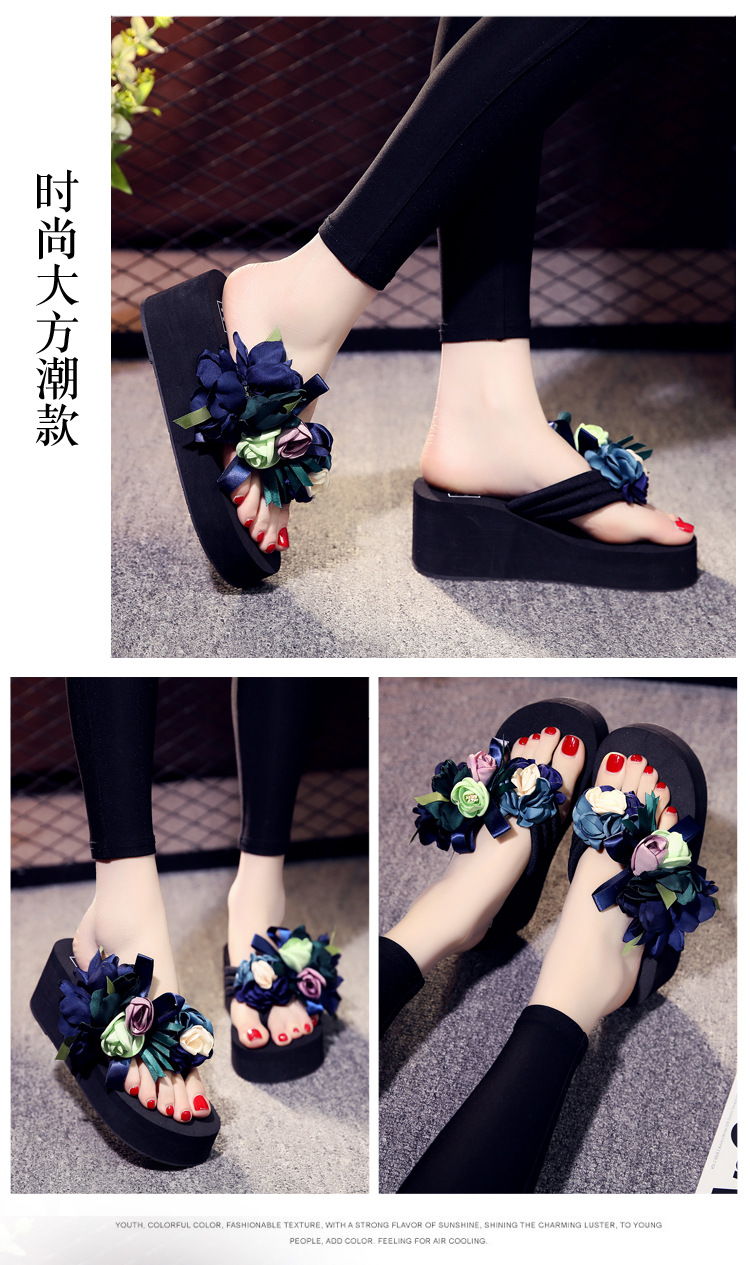 Thời trang hè mùa hè dép cao gót nữ phiên bản Hàn Quốc của hoa handmade đế xuồng dày đế xuồng trượt ngày lễ mang dép đi biển và dép lê - Dép dép quai hậu nữ 2021