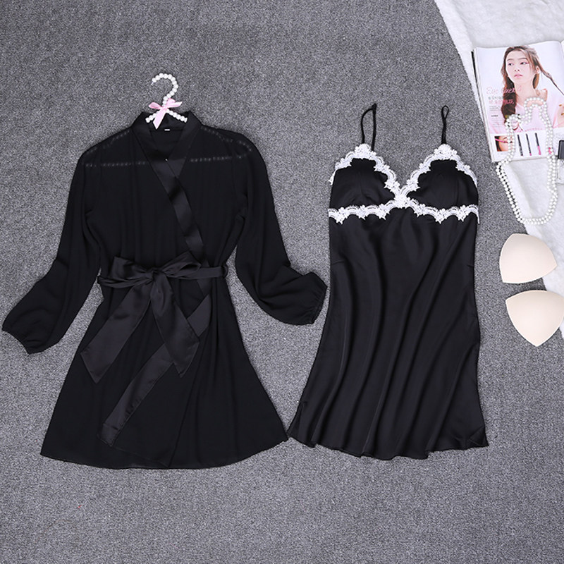 性感睡裙女夏天吊带睡袍两件套带胸垫睡衣冰丝绸缎大码家居服套装