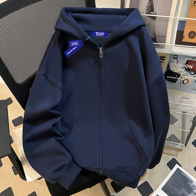 Wassup Navy Blue Simple Solid Color Oversized Hooded Sweatshirt Jacket Autumn New Loose Couple Zipper Top