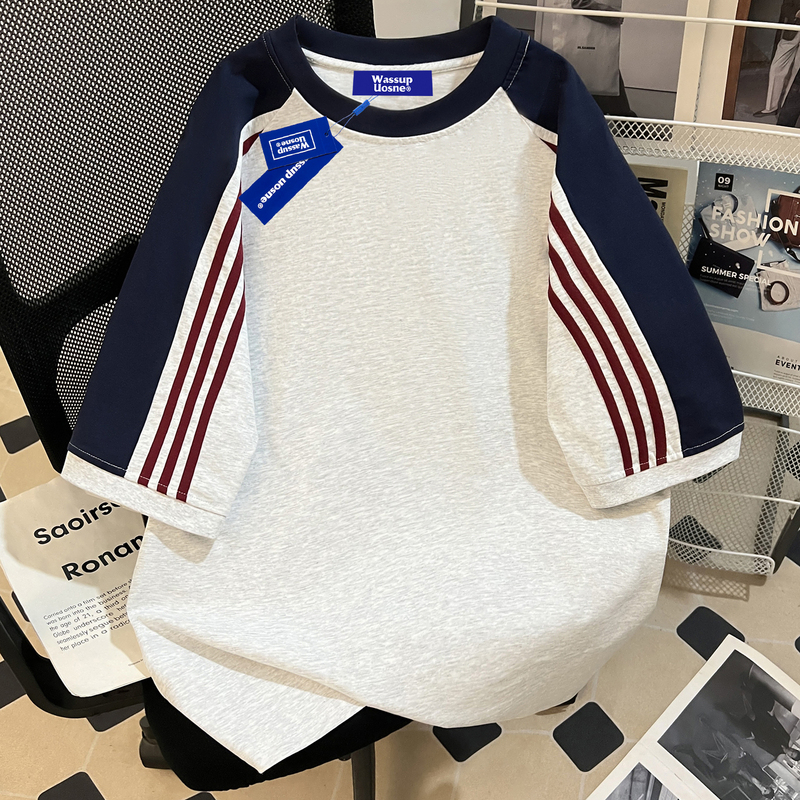 Wassup Heavyweight Three-Stripe Pure Cotton Color-Block Short-Sleeve T-Shirt for Men 2026 New Style Loose Oversize Top