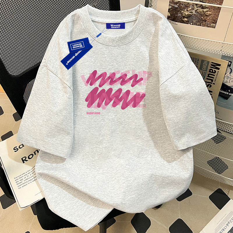 Wassup Chinese Trendy Brand Design Letter Print Round Neck Short-Sleeved T-Shirt for Men Hip-Hop Oversize Versatile Top