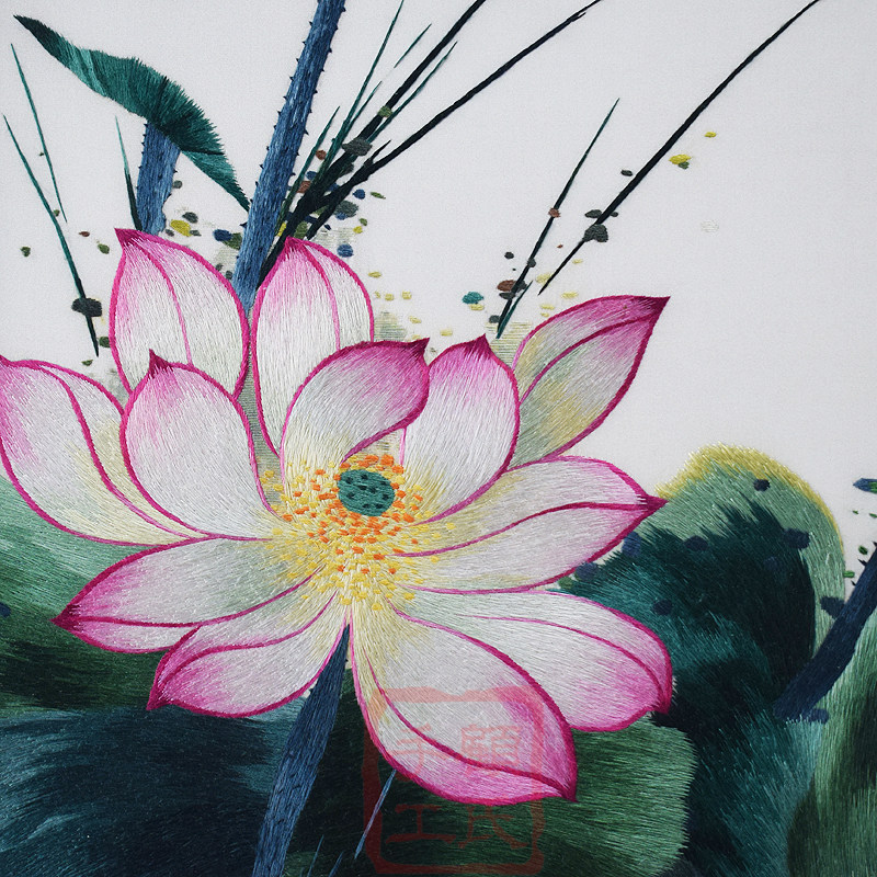 Вышивка Сучжоу 75*75顾氏苏州刺绣荷花花鸟图 水彩莲花餐厅过道装饰画苏绣成品 Gu manual