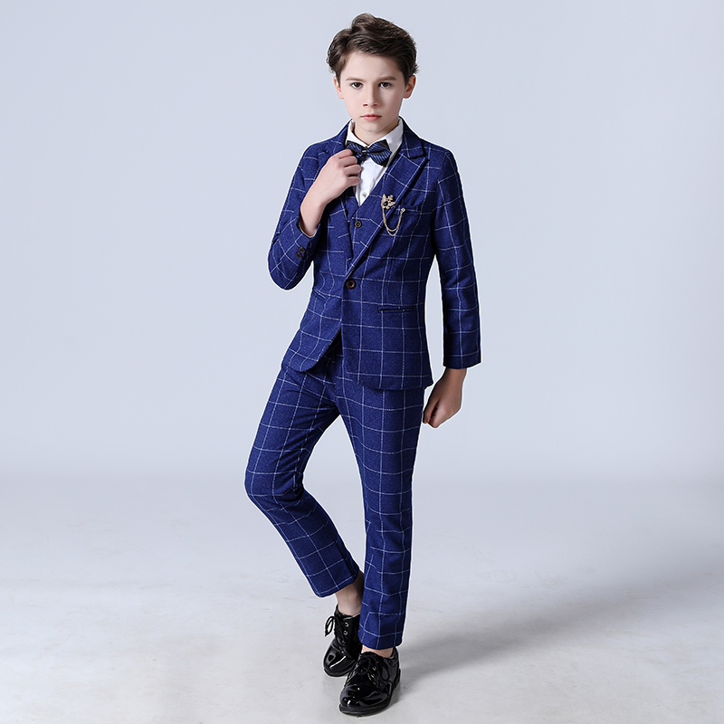 Six-one children's suit suit British boy flower girl dress little boy piano performance suit blue plaid