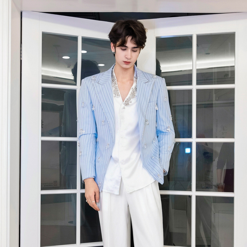 Shangjie Design Light Blue Suit Male Group Performance Outfit Series Suit Summer Striped Stage Original Design Shangjie Design Light Blue Suit Male Group Performance Outfit Series Suit Summer Striped Stage Original Design