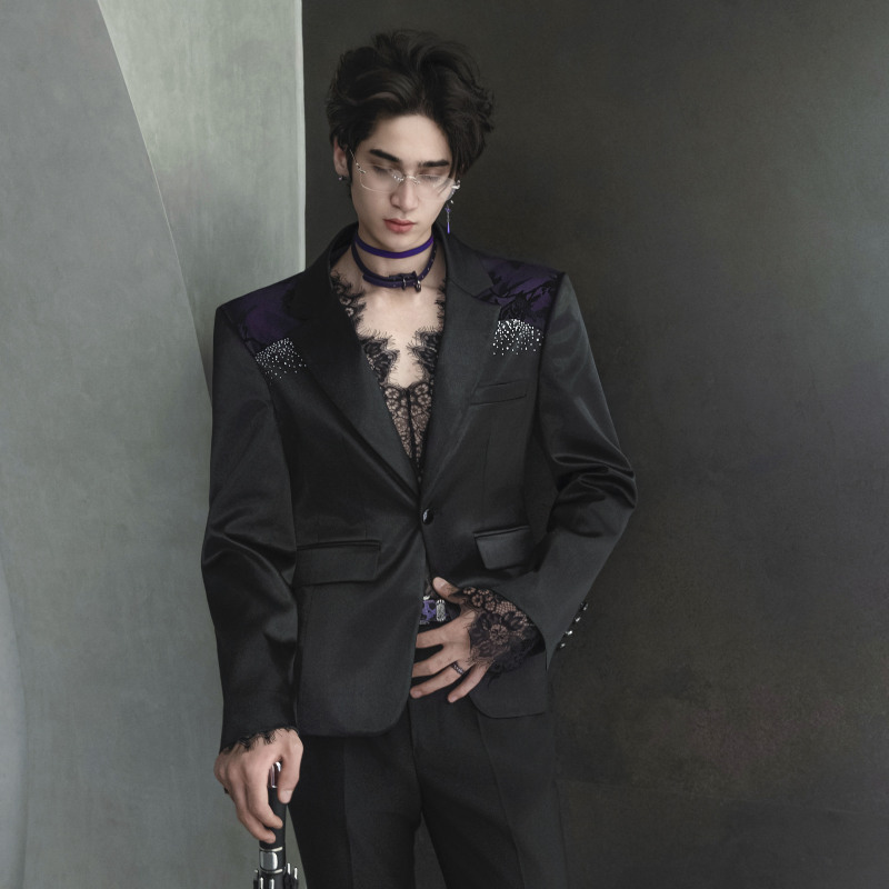 Shangjie Design Black and Purple Suit Male Group Performance Outfit Series Suit with Hollow Back Stage Original Design Shangjie Design Black and Purple Suit Male Group Performance Outfit Series Suit with Hollow Back Stage Original Design