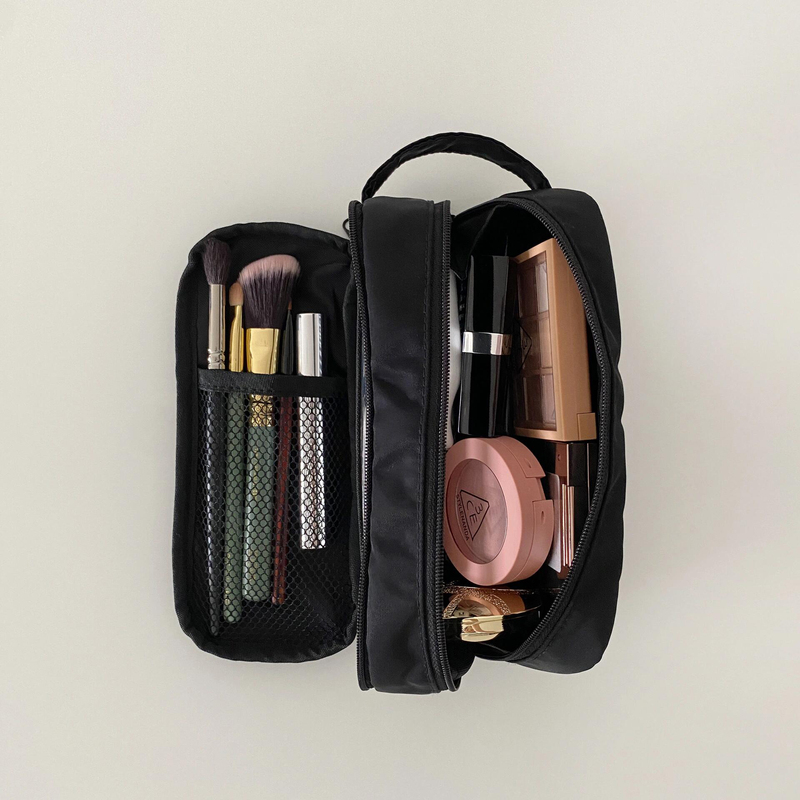 Simple Black Brush Bag, Large Capacity Cosmetic Bag, Portable Travel Toiletry Bag, Mesh Partitioned Makeup Brush Storage Bag for Women