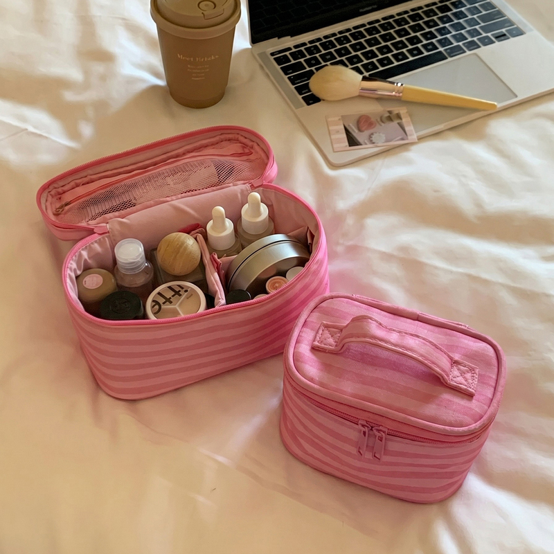 Pink Striped Cosmetic Bag for Women 2026 New Style High-Value Portable Toiletry Travel Makeup Storage Bag