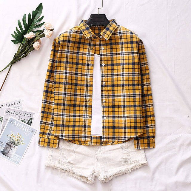 ເສື້ອຢືດ Cotton Plaid ໃໝ່ 2020 ຂອງຜູ້ຍິງແຂນຍາວແບບເກົາຫຼີ Cotton Loose Casual Simple niche Design Fashion