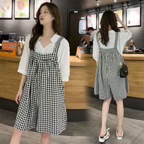 Pregnant Woman Pants Shorts Plaid Back Strap Pants Woman Summer Loose small subthin section 7 Pants Suit Two Sets Summer Clothing
