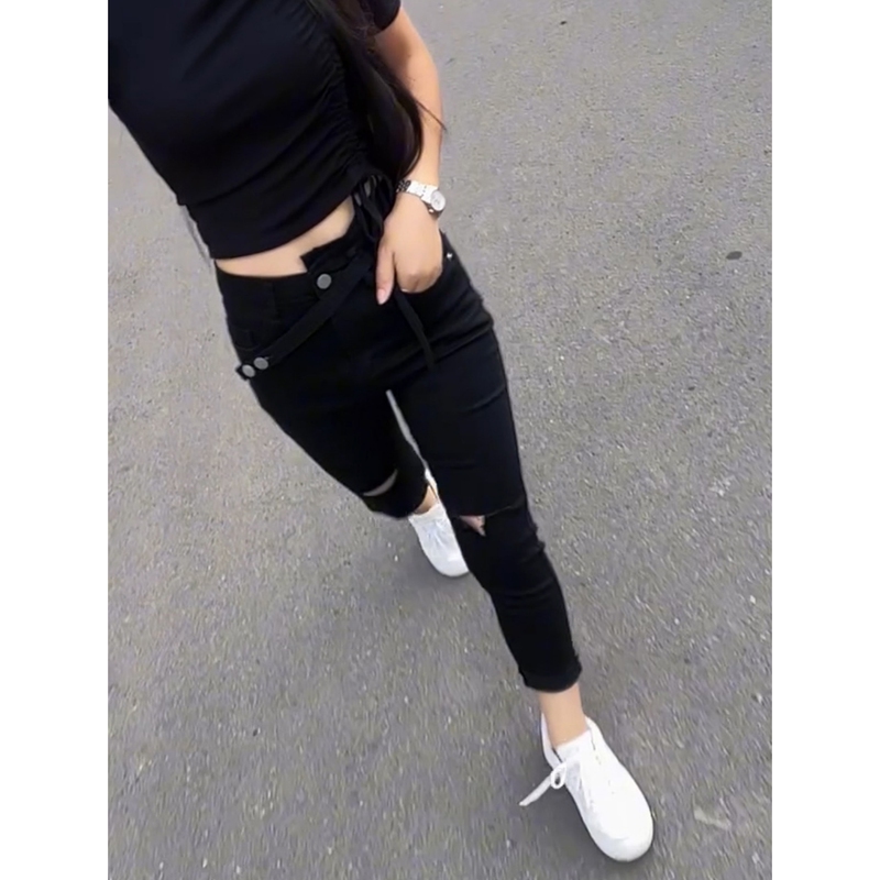 Spring and Autumn Black Ripped Jeans for Women, European Style, Irregular Low-Waist, Stretchy, Slim-Fit, Flattering, Versatile Cropped Pants