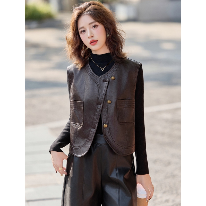 European Style Pu Leather Vest for Women, Short Style, 2026 Spring and Autumn, High-End Outfit, Sleeveless Vest, Waistcoat, Jacket, Top